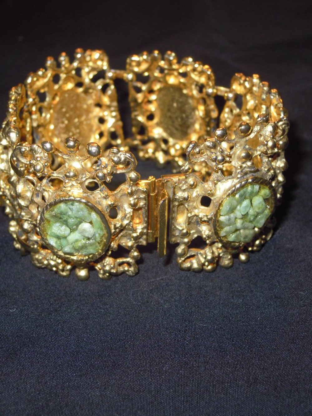 Heavy Wide Gold Tone Metal Link Bracelet Faux Jade MCM Mid-Century Modern